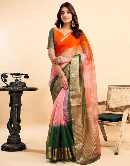 Orange Organza Zari Stripe Plain Saree