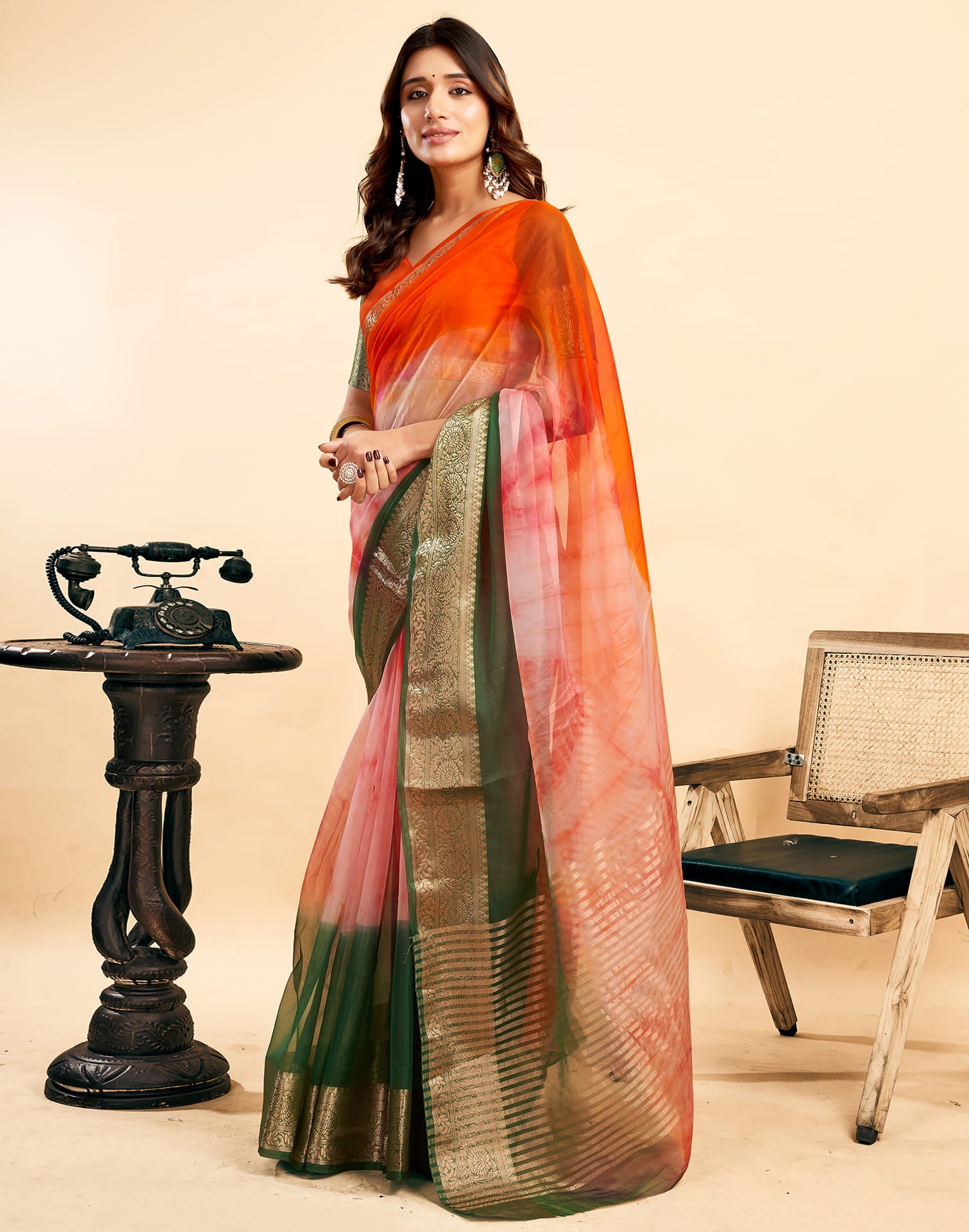 Orange Organza Zari Stripe Plain Saree