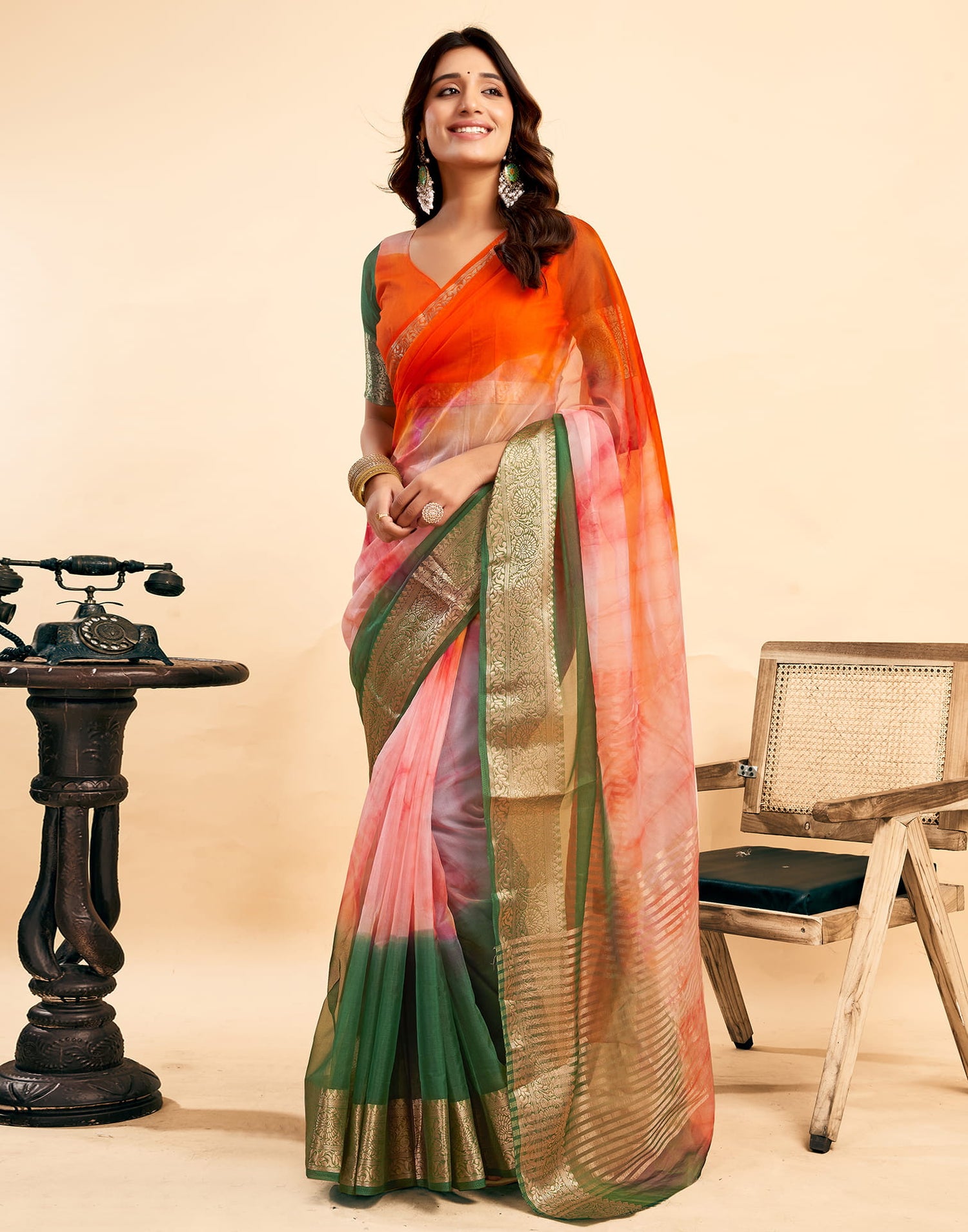 Orange Organza Zari Stripe Plain Saree