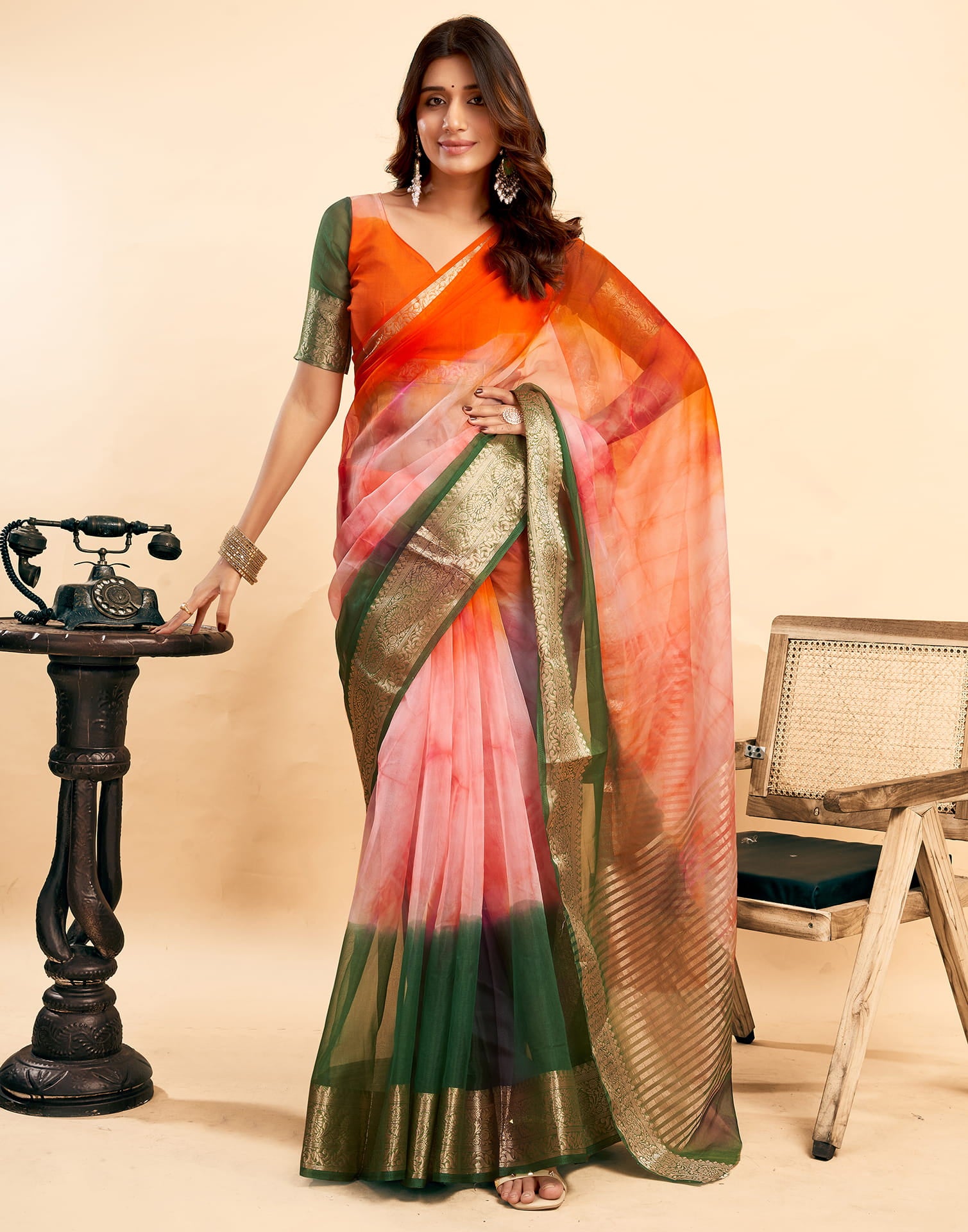 Orange Organza Zari Stripe Plain Saree