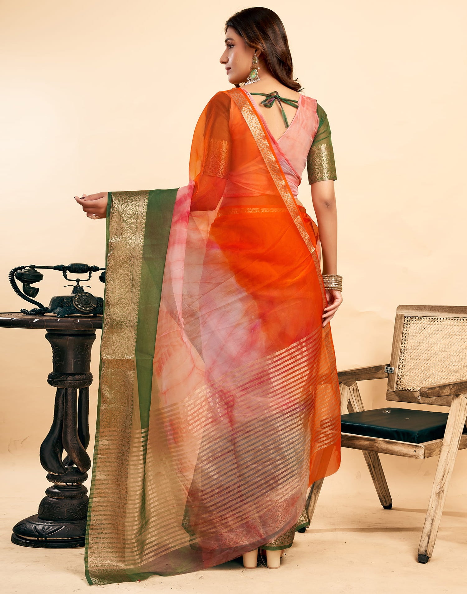 Orange Organza Zari Stripe Plain Saree