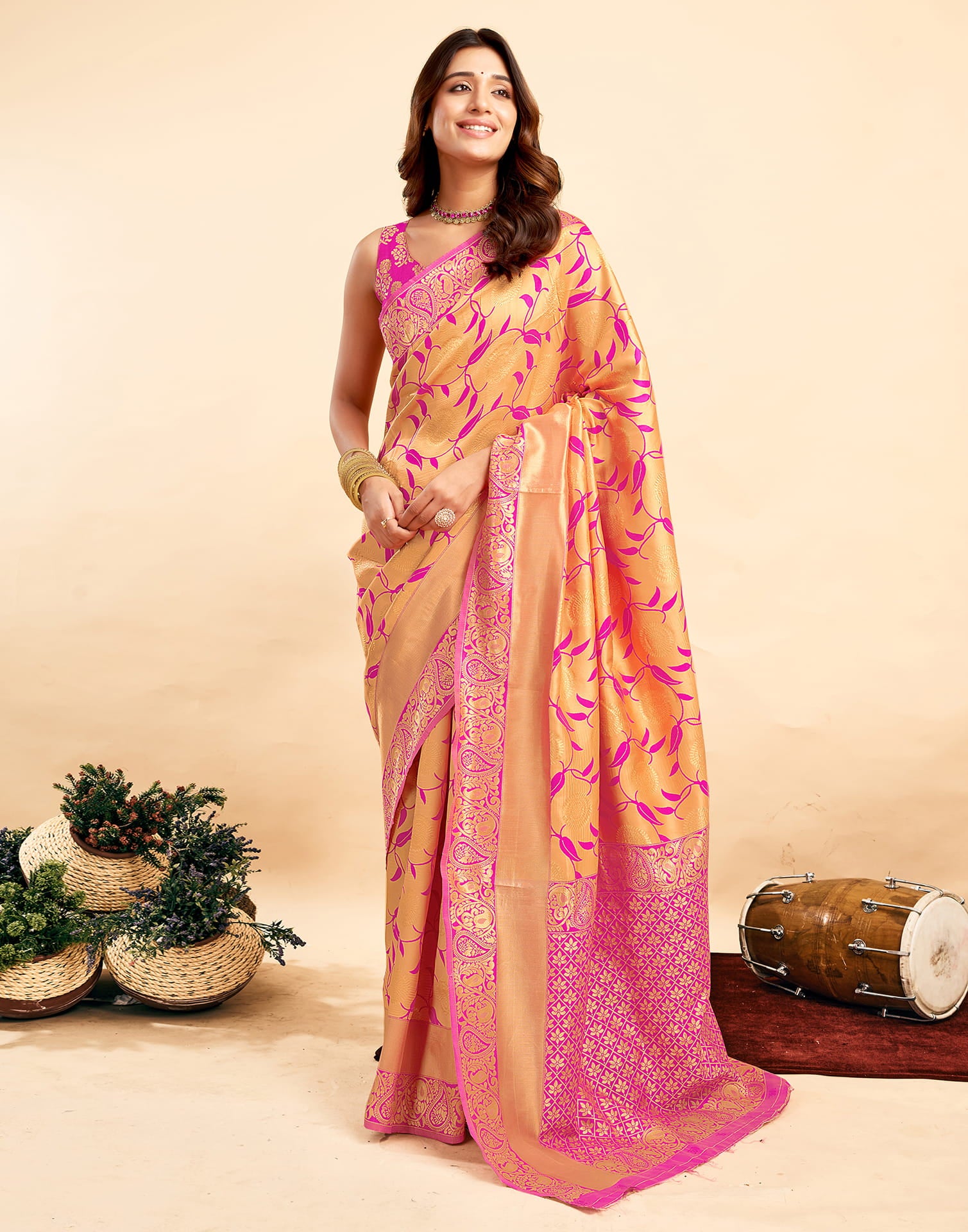 Light Orange Silk Woven Banarasi Saree