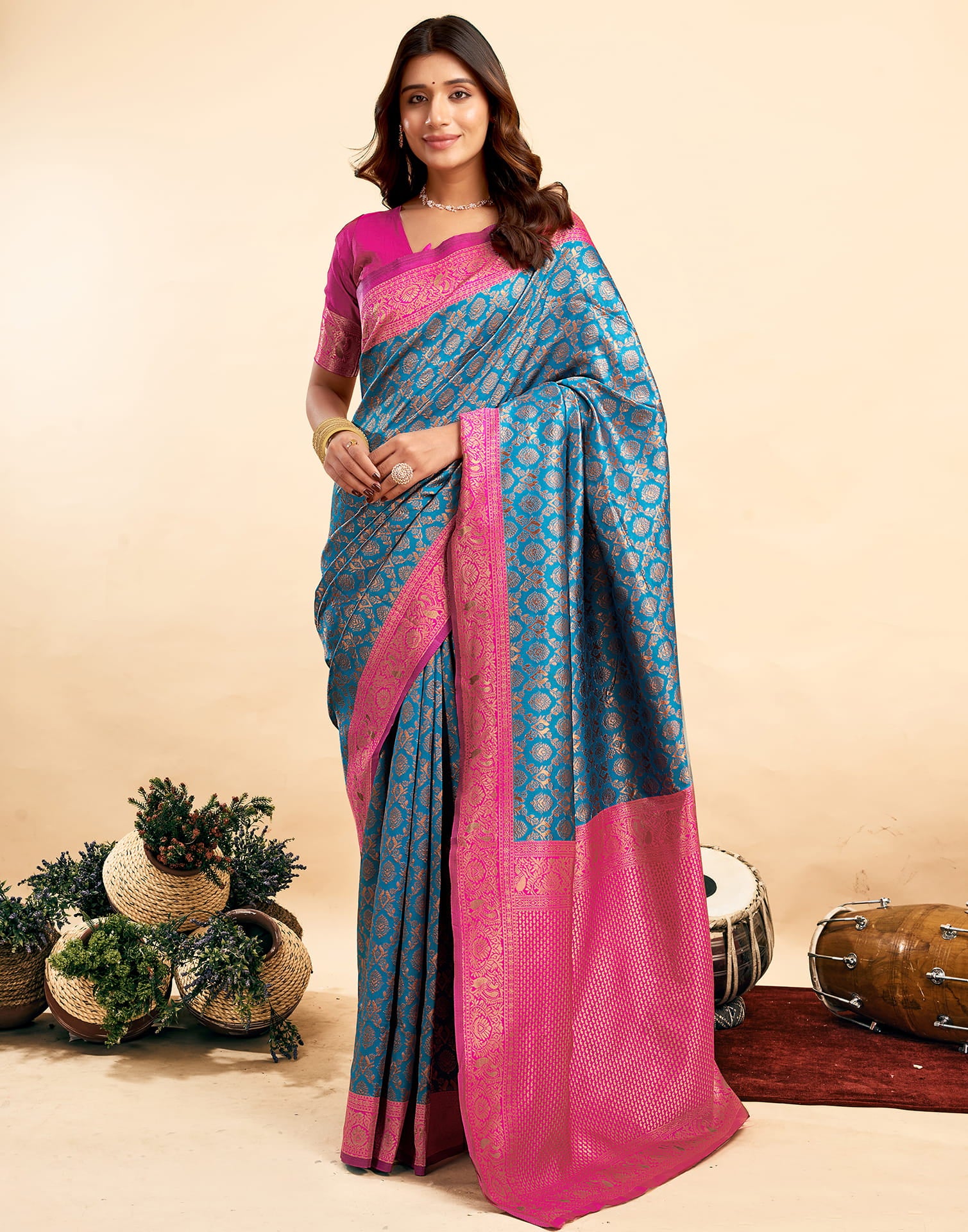 Teal Blue Silk Woven Banarasi Saree