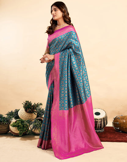 Teal Blue Silk Woven Banarasi Saree