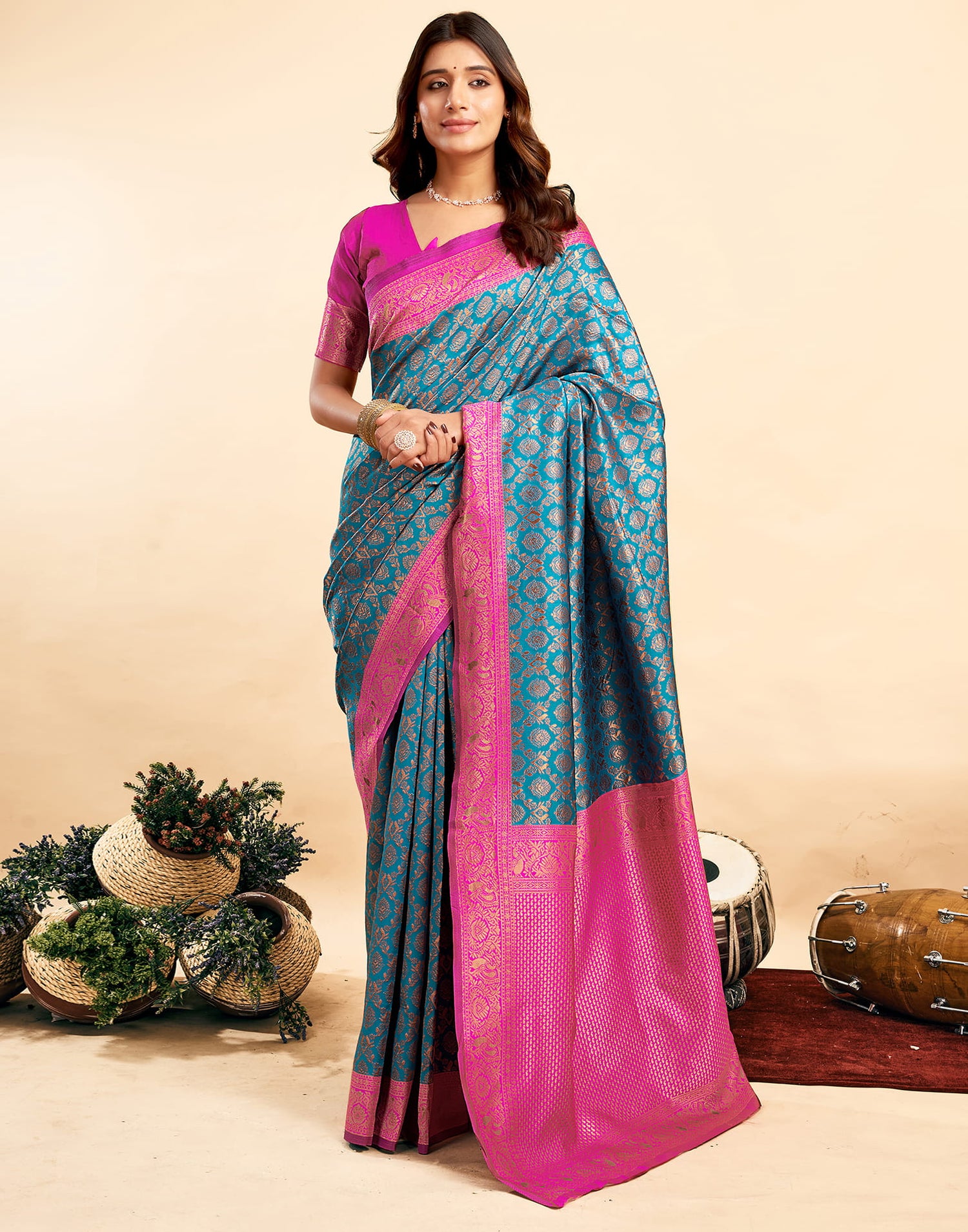 Teal Blue Silk Woven Banarasi Saree