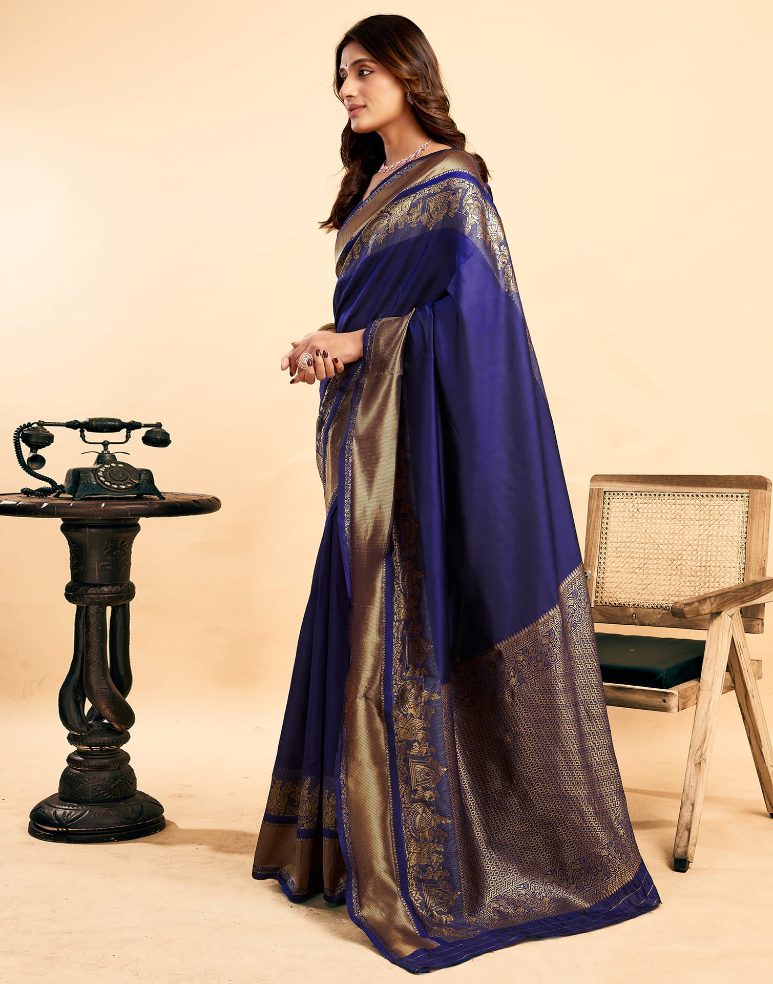 Navy Blue Silk Woven  Kanjivaram Saree