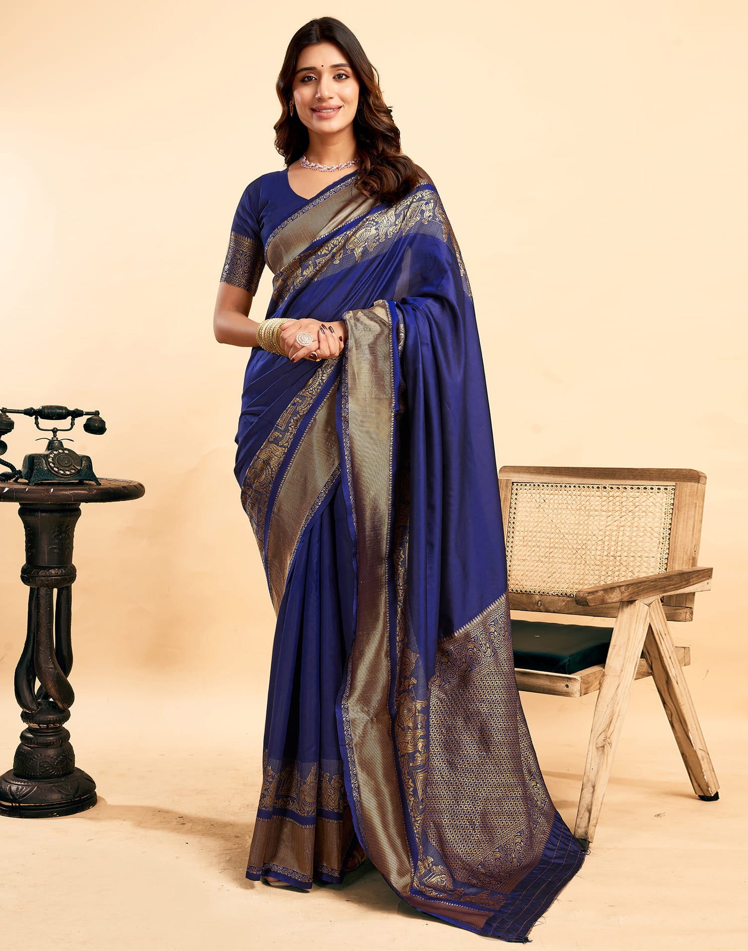 Navy Blue Silk Woven  Kanjivaram Saree