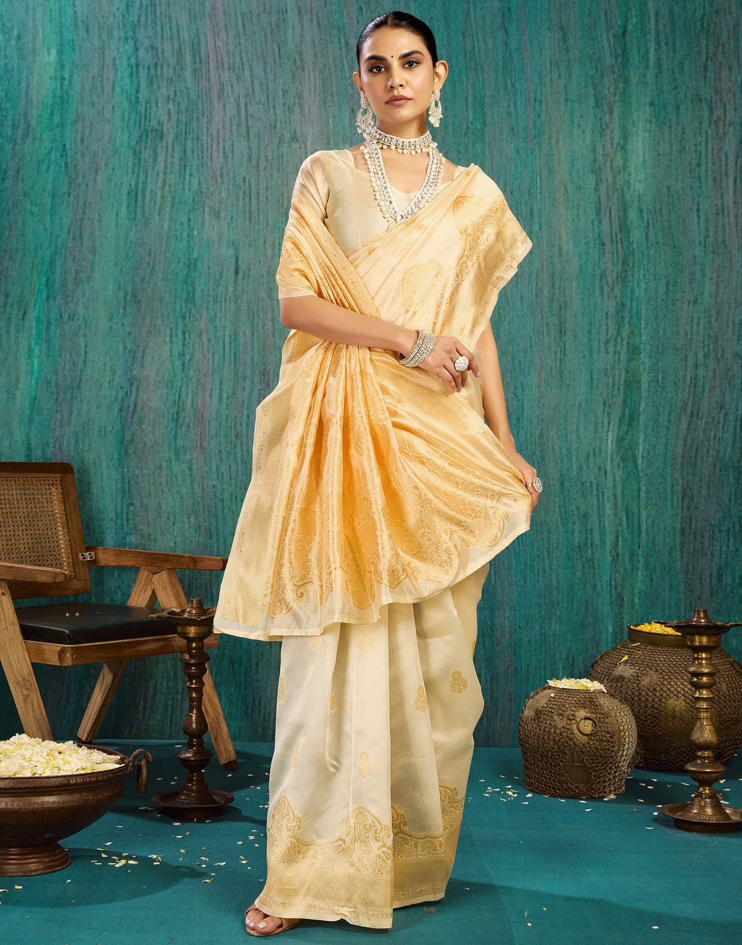 Cream Silk Blend Woven Kanjivaram Saree