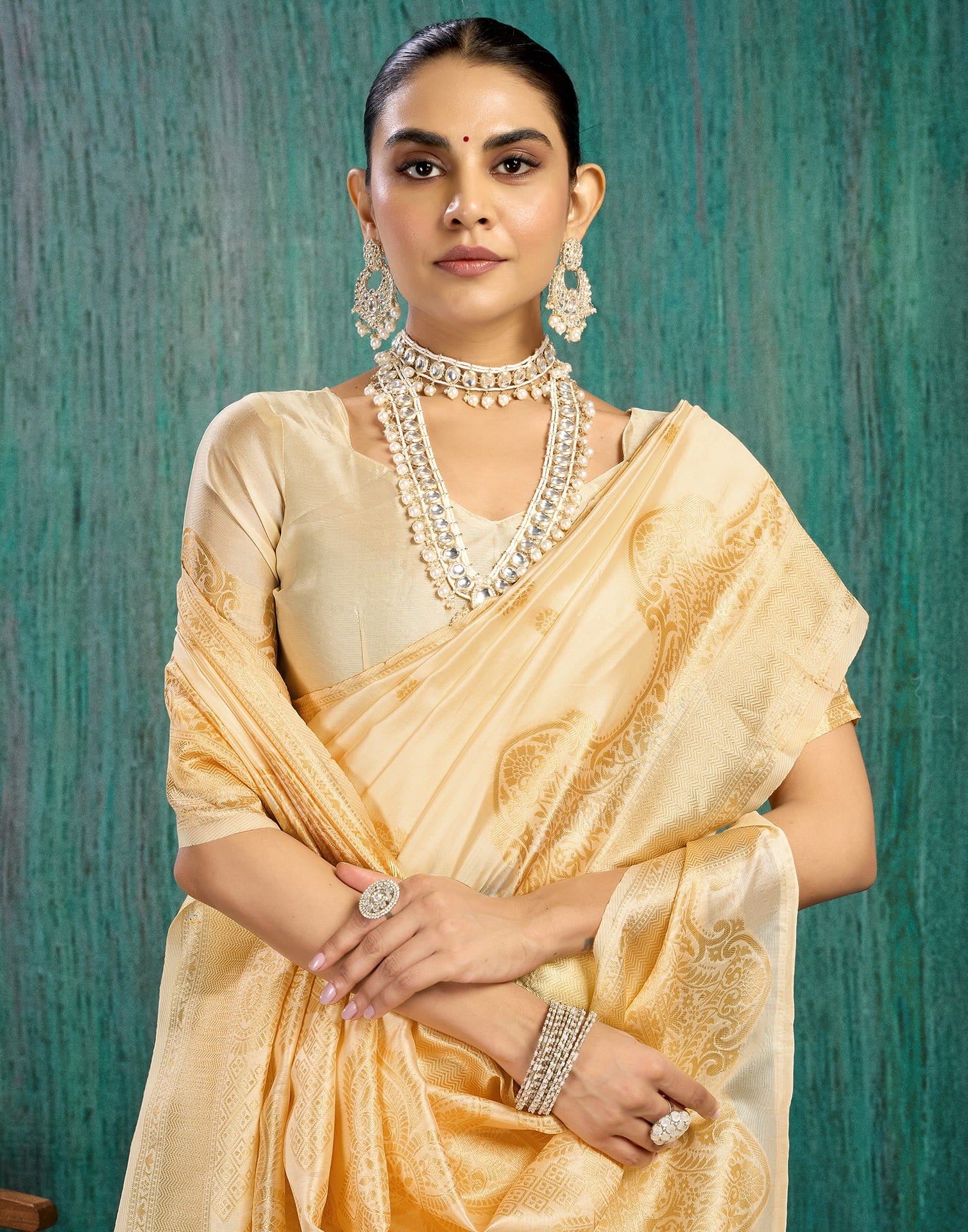 Cream Silk Blend Woven Kanjivaram Saree