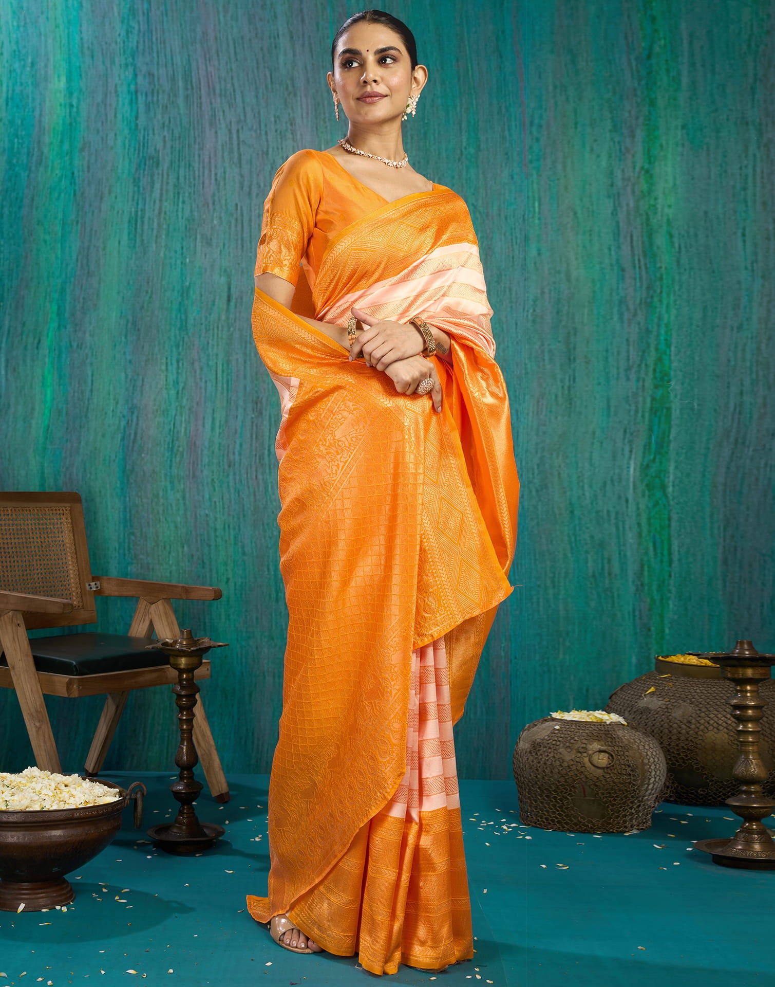 Beige Silk Blend Woven Kanjivaram Saree