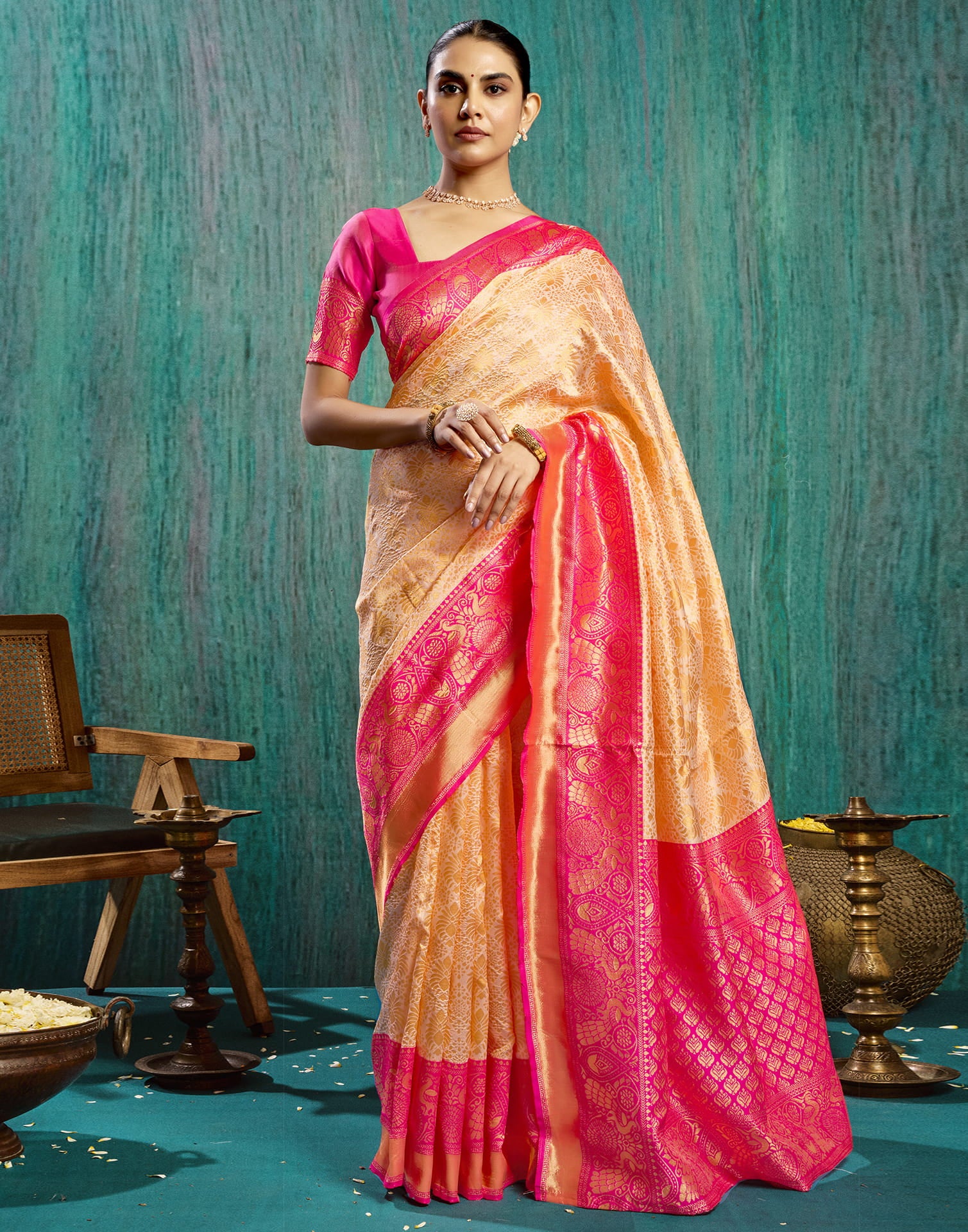 Beige Silk Blend Woven Kanjivaram Saree