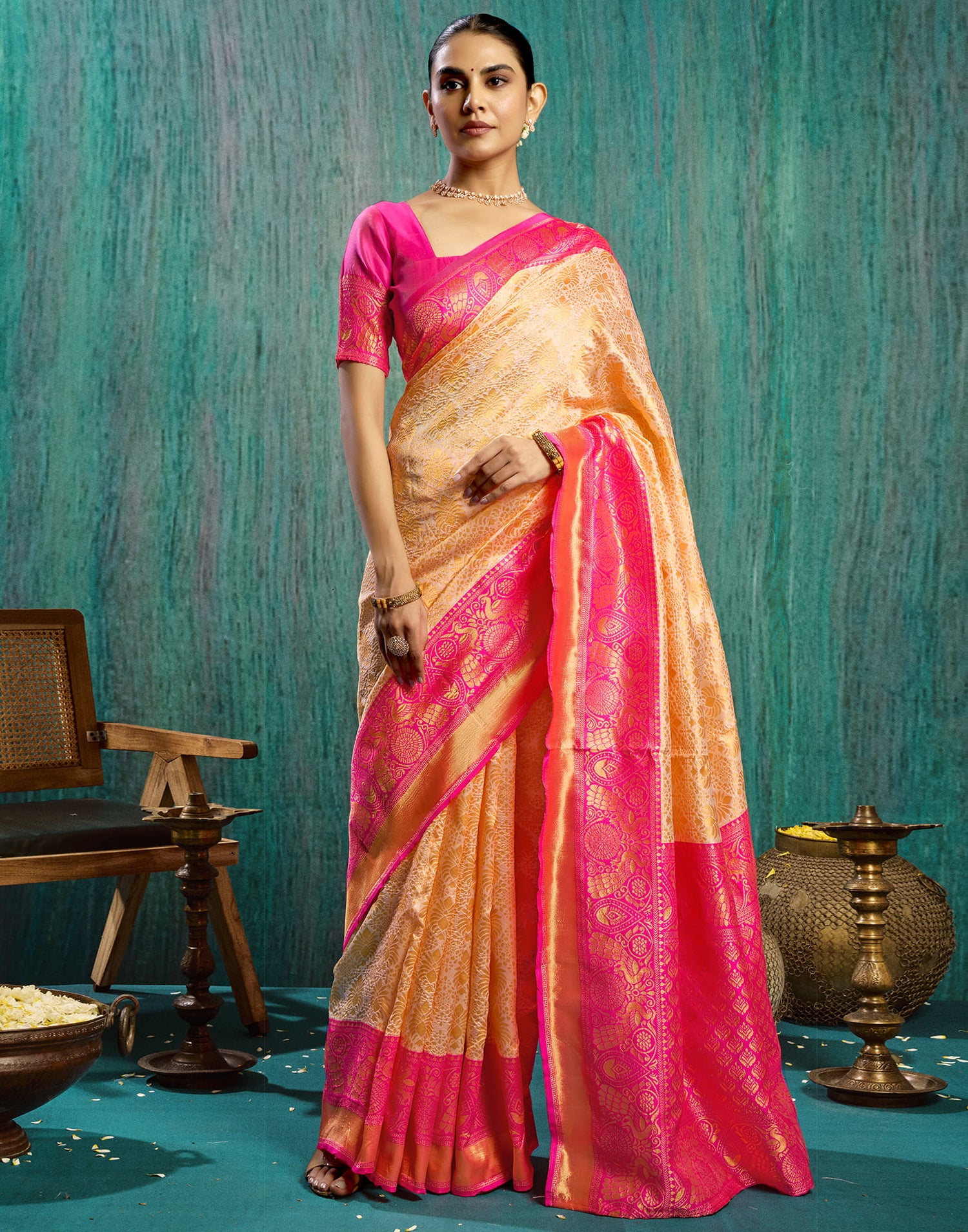 Beige Silk Blend Woven Kanjivaram Saree