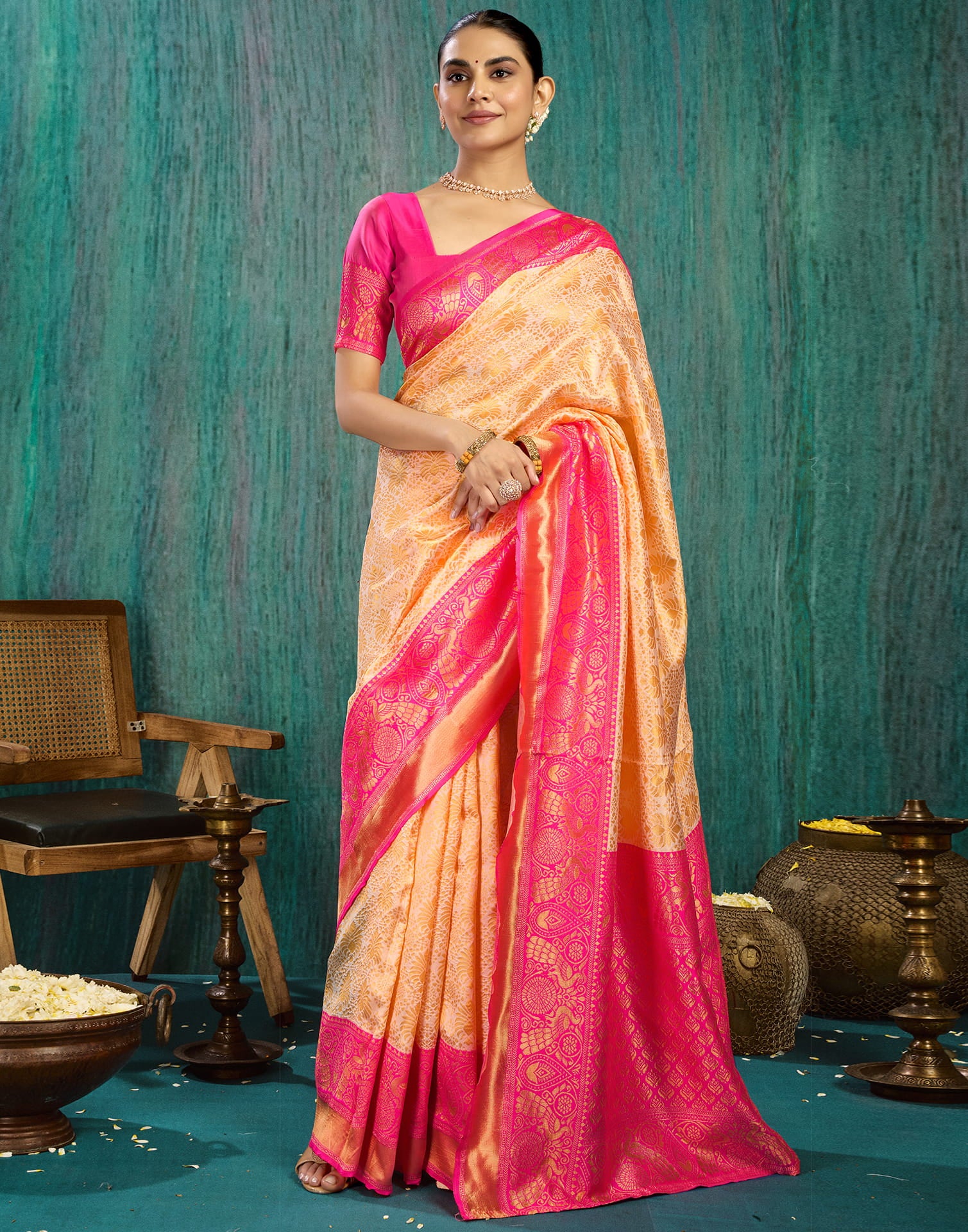 Beige Silk Blend Woven Kanjivaram Saree