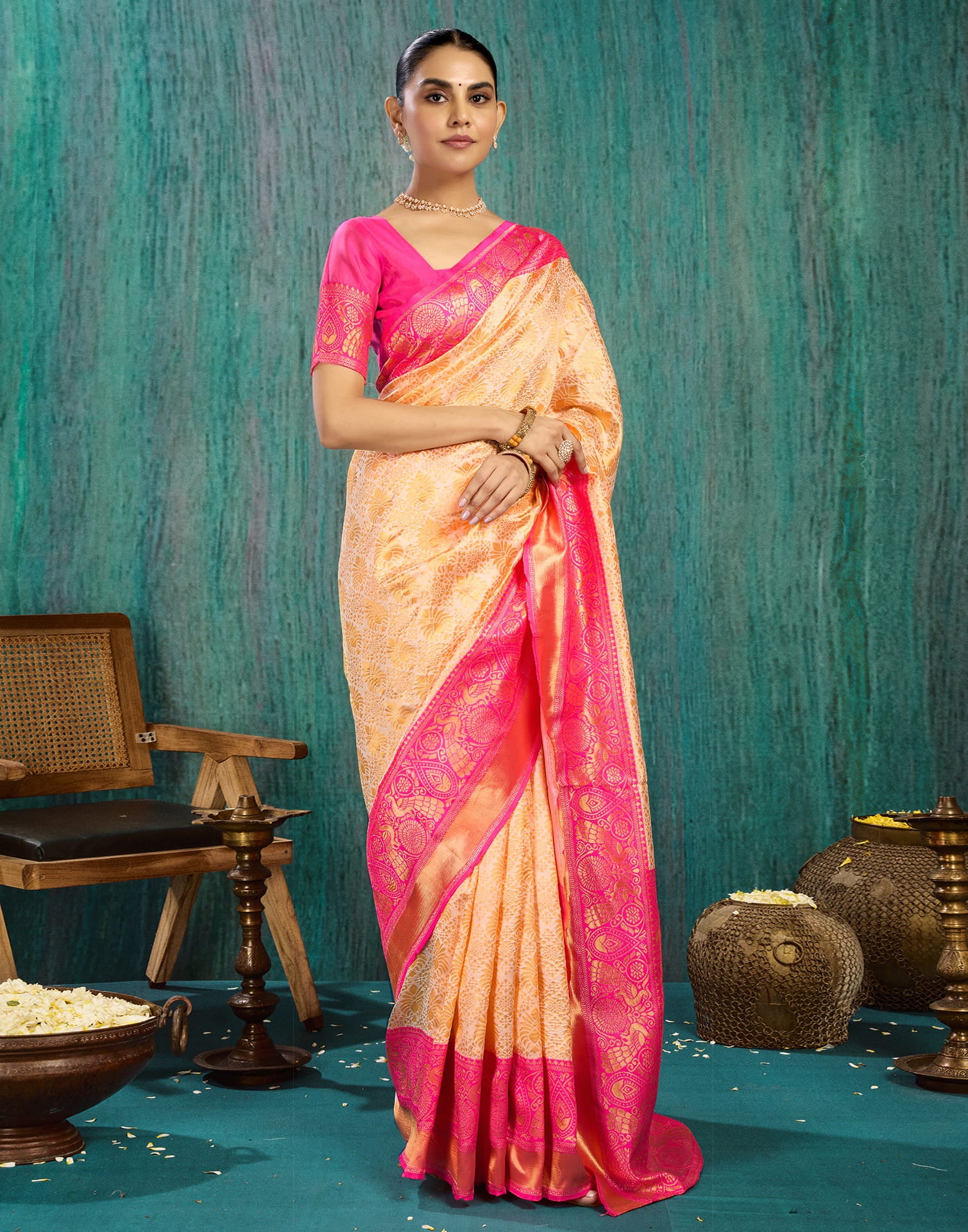 Beige Silk Blend Woven Kanjivaram Saree