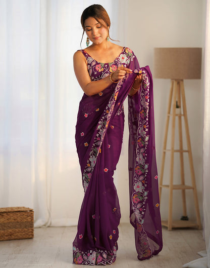 Purple Georgette Embroidery Embroidery Saree