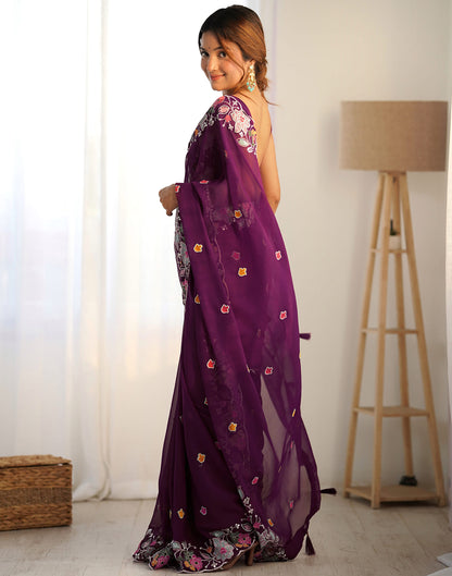 Purple Georgette Embroidery Embroidery Saree