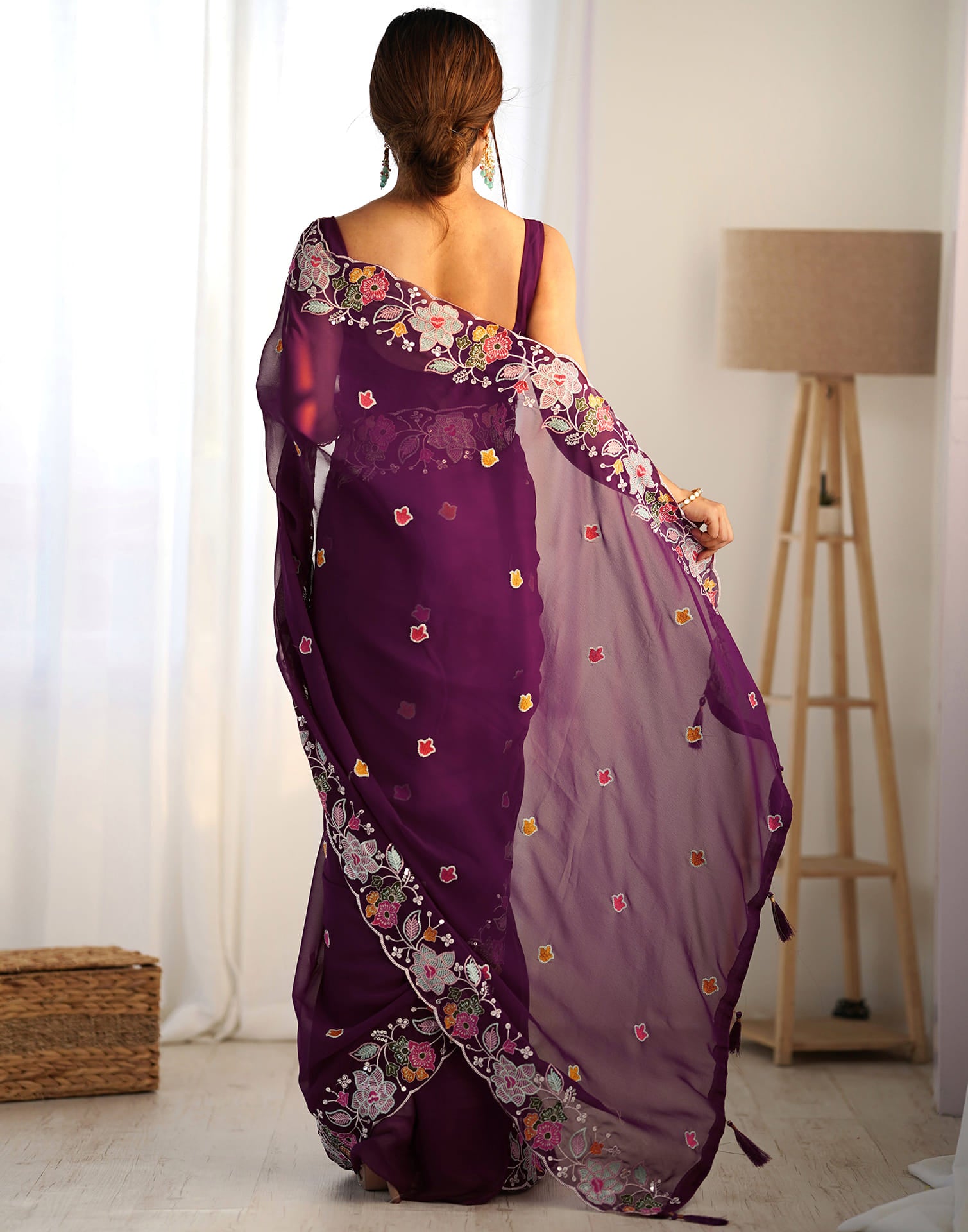 Purple Georgette Embroidery Embroidery Saree