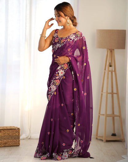 Purple Georgette Embroidery Embroidery Saree