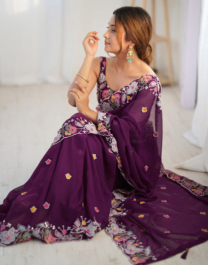 Purple Georgette Embroidery Embroidery Saree