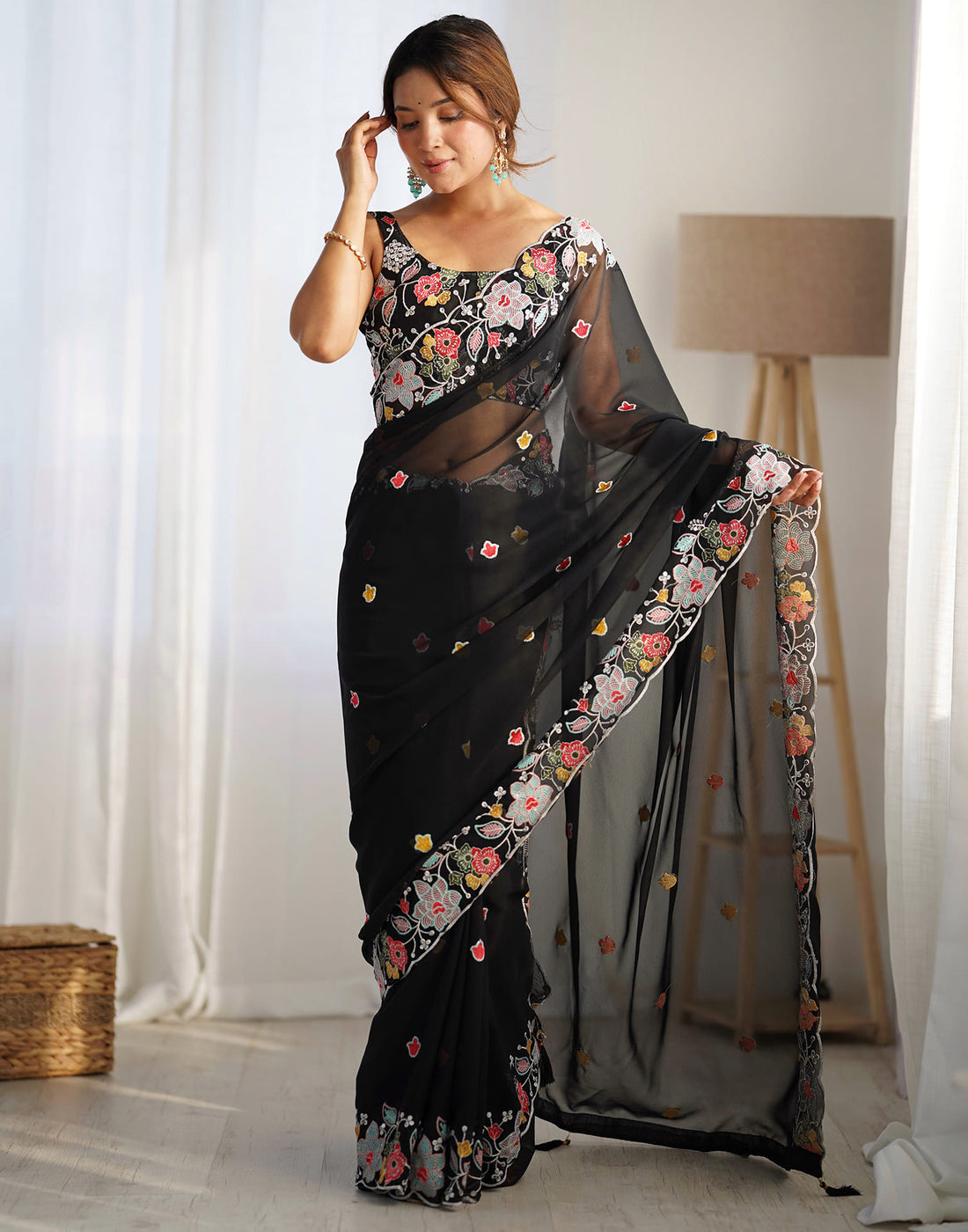 Black Georgette Embroidery Embroidery Saree