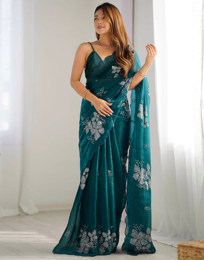 Dark Green Chiffon Sequence Embellished Saree