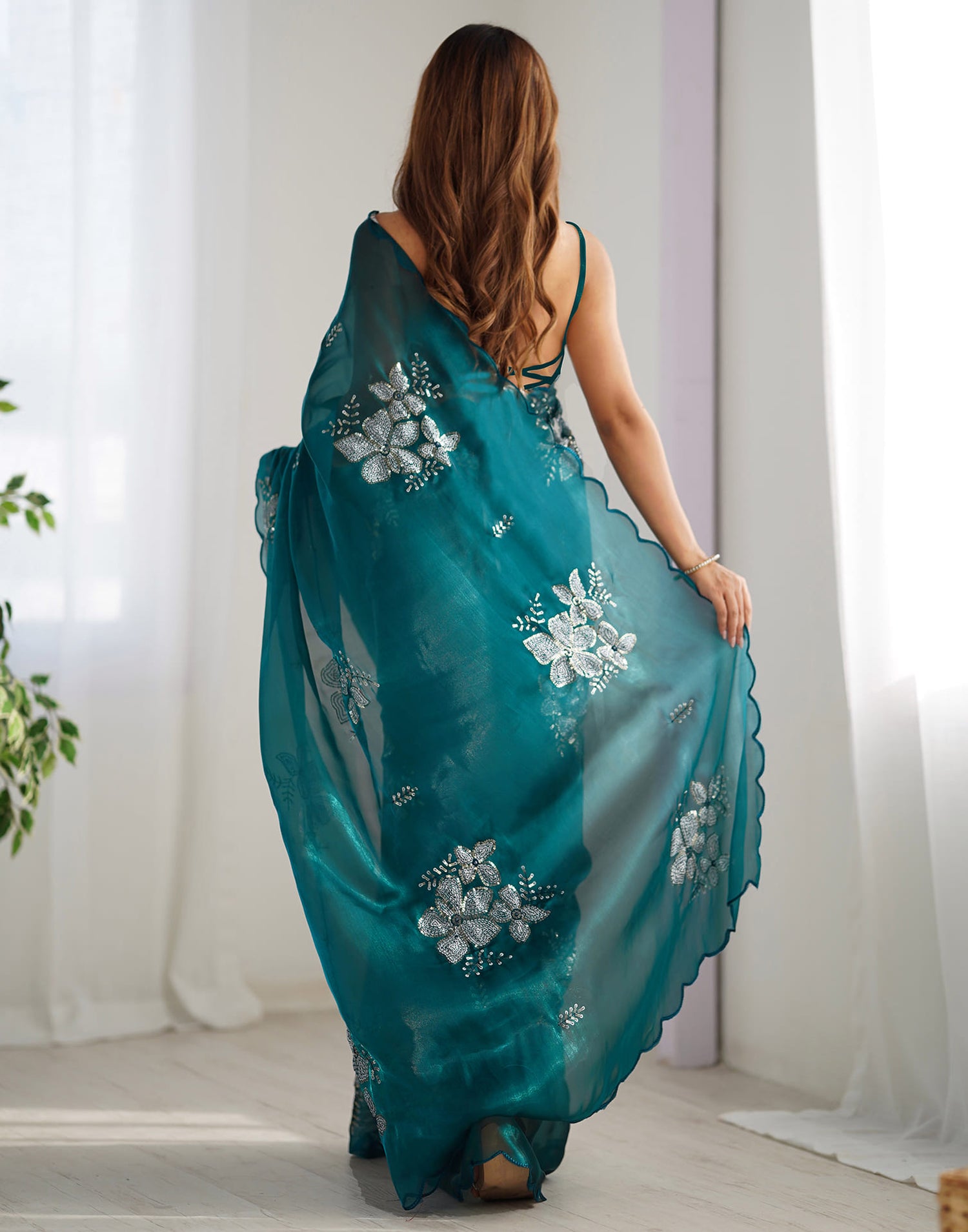 Dark Green Chiffon Sequence Embellished Saree