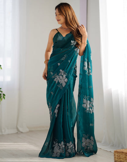 Dark Green Chiffon Sequence Embellished Saree