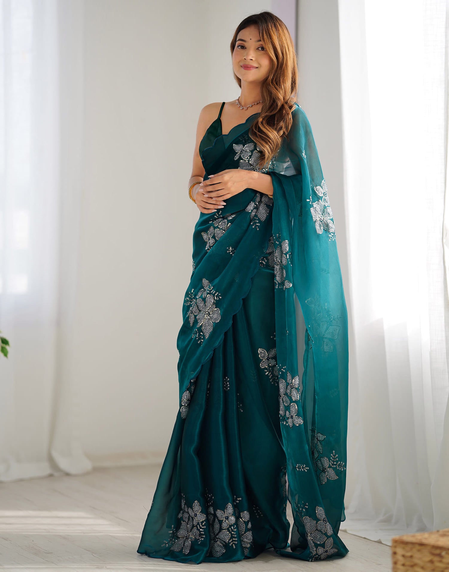 Dark Green Chiffon Sequence Embellished Saree