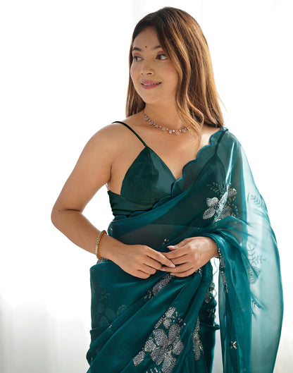 Dark Green Chiffon Sequence Embellished Saree