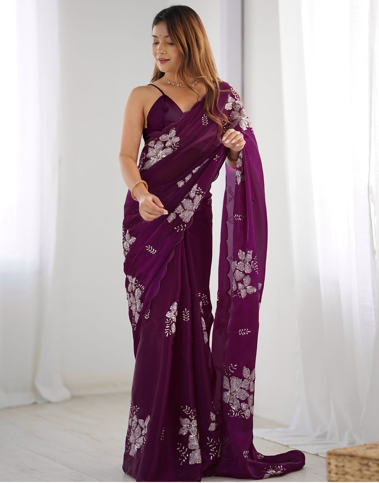 Wine Chiffon Sequence Embellished Saree