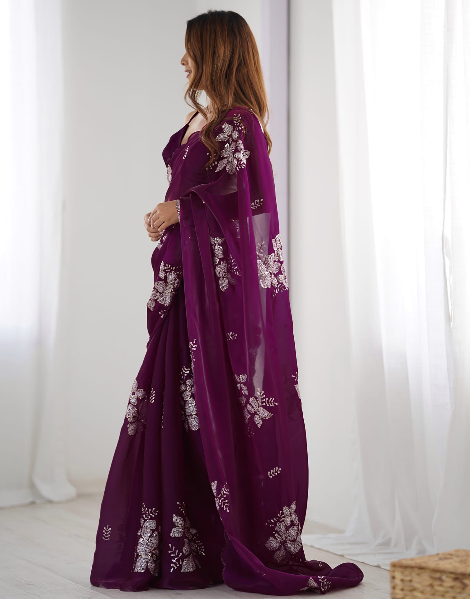 Wine Chiffon Sequence Embellished Saree