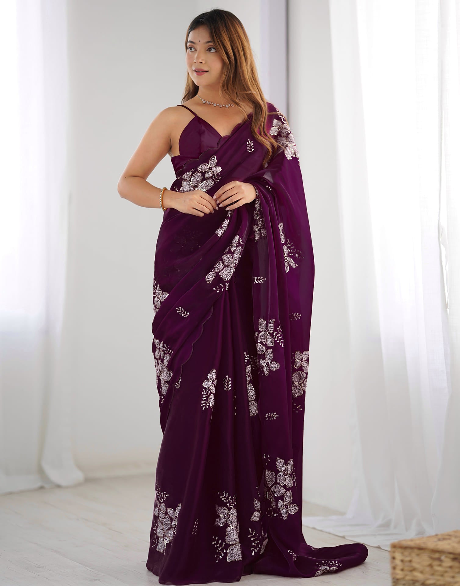 Wine Chiffon Sequence Embellished Saree