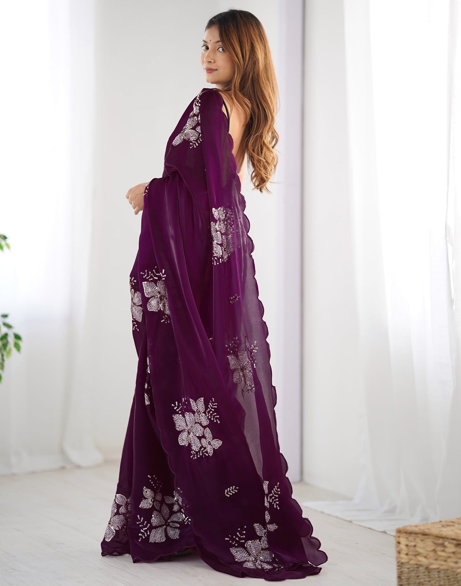 Wine Chiffon Sequence Embellished Saree