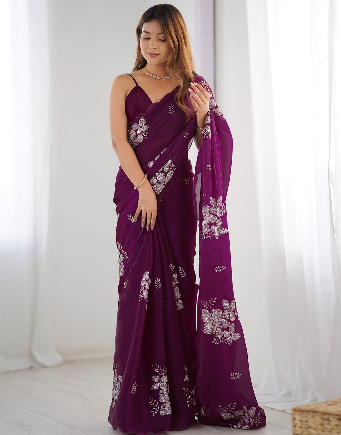 Wine Chiffon Sequence Embellished Saree