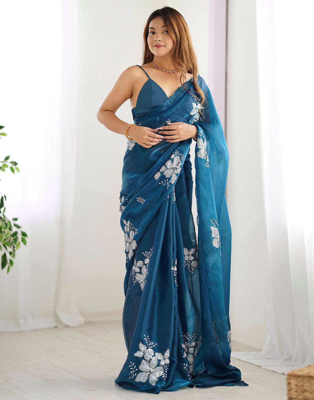 Rama Blue Chiffon Sequence Embellished Saree