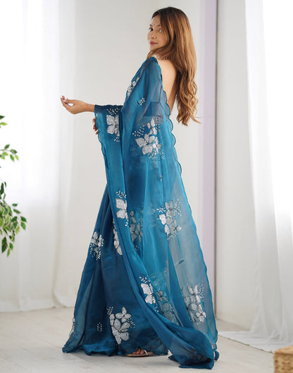 Rama Blue Chiffon Sequence Embellished Saree