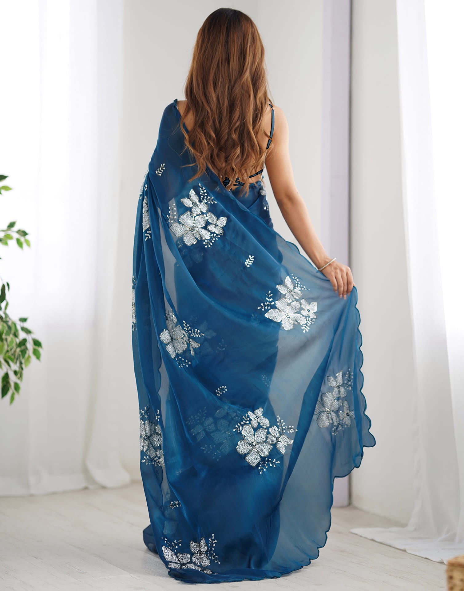 Rama Blue Chiffon Sequence Embellished Saree