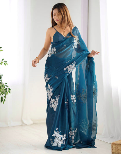 Rama Blue Chiffon Sequence Embellished Saree