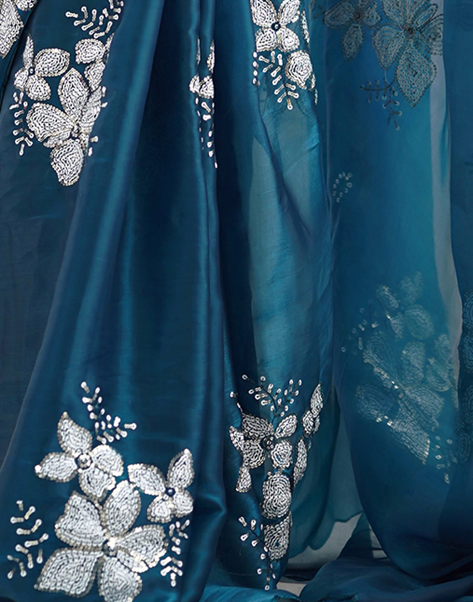 Rama Blue Chiffon Sequence Embellished Saree