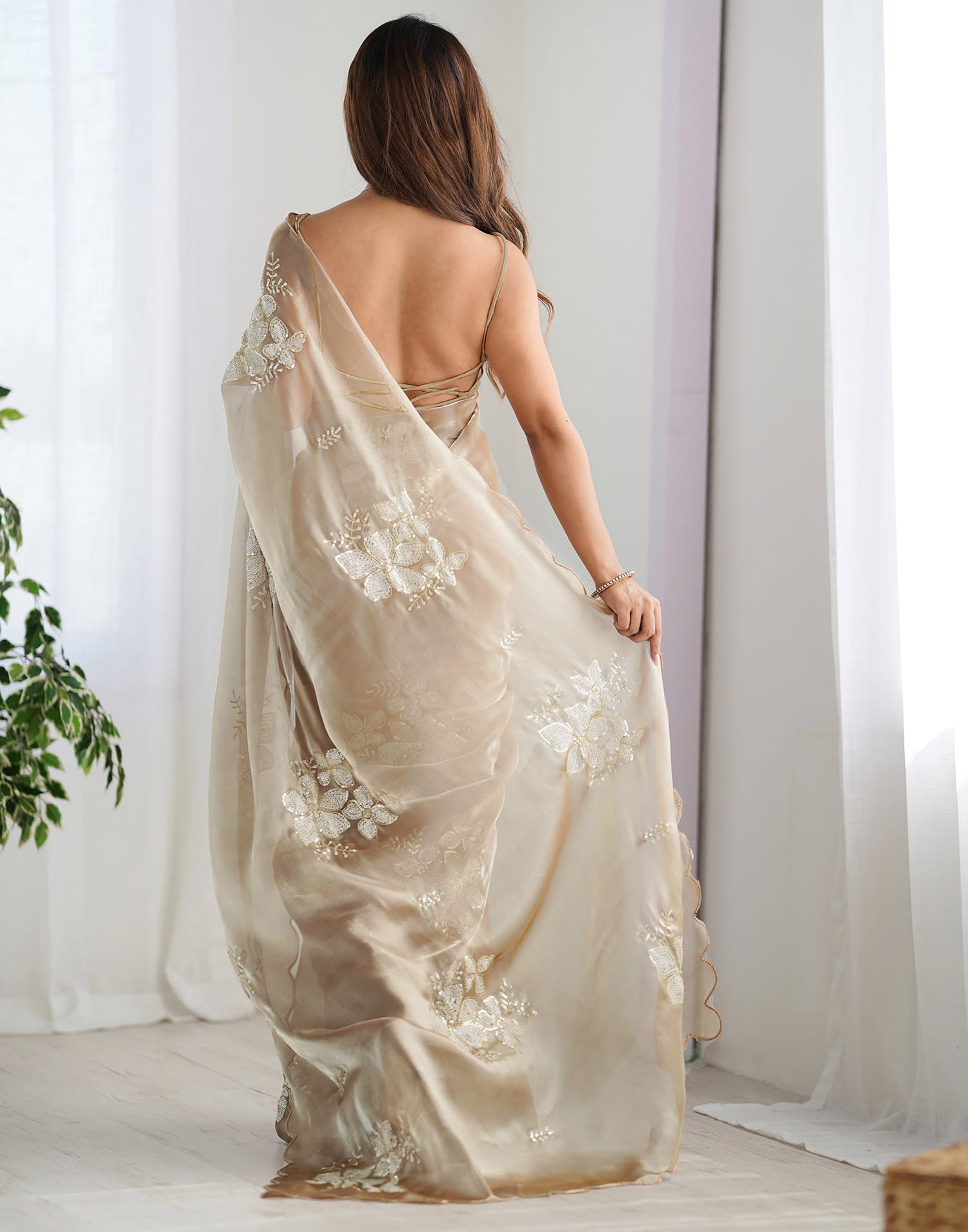 Beige Chiffon Sequence Embellished Saree