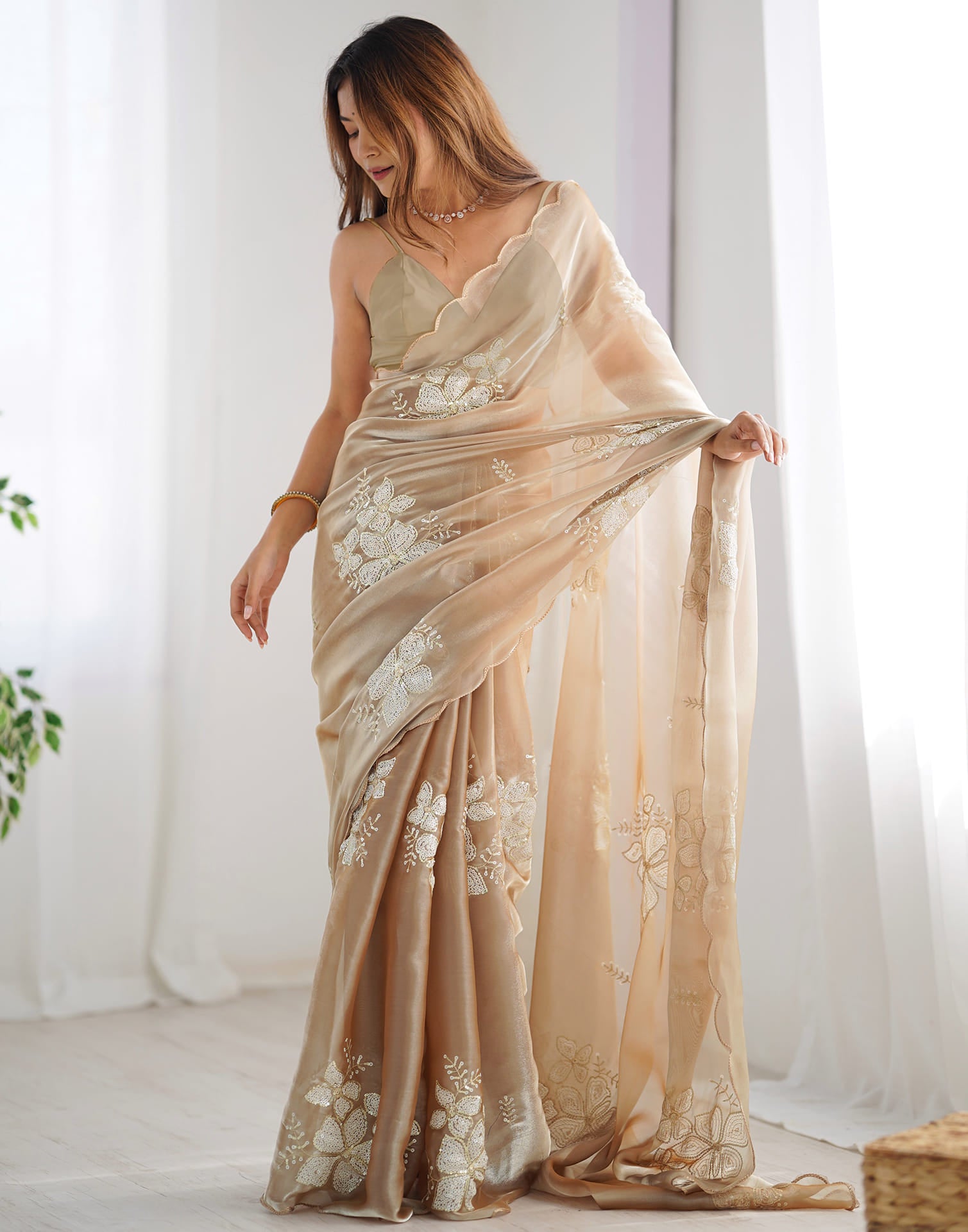 Beige Chiffon Sequence Embellished Saree