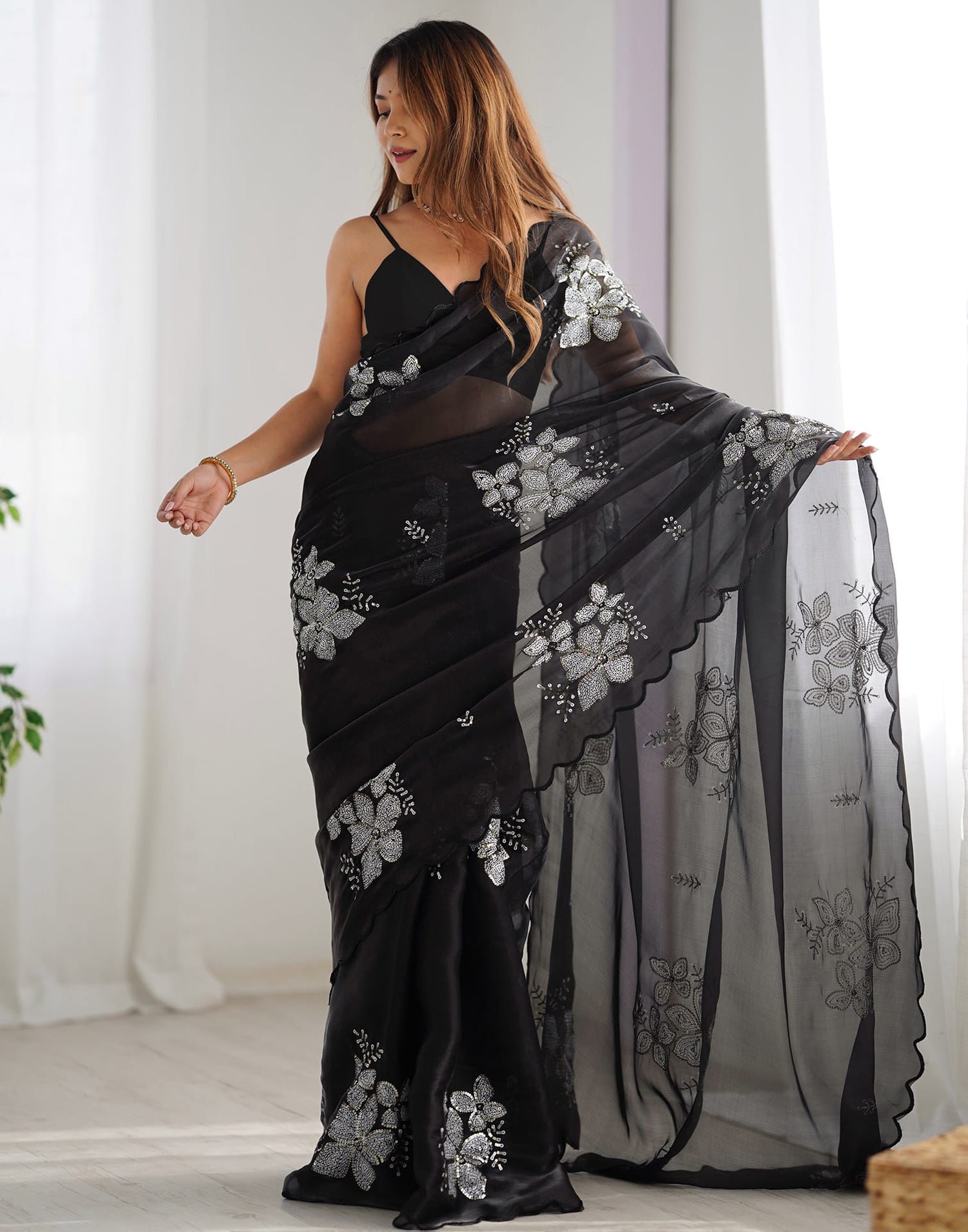 Black Chiffon Sequence Embellished Saree