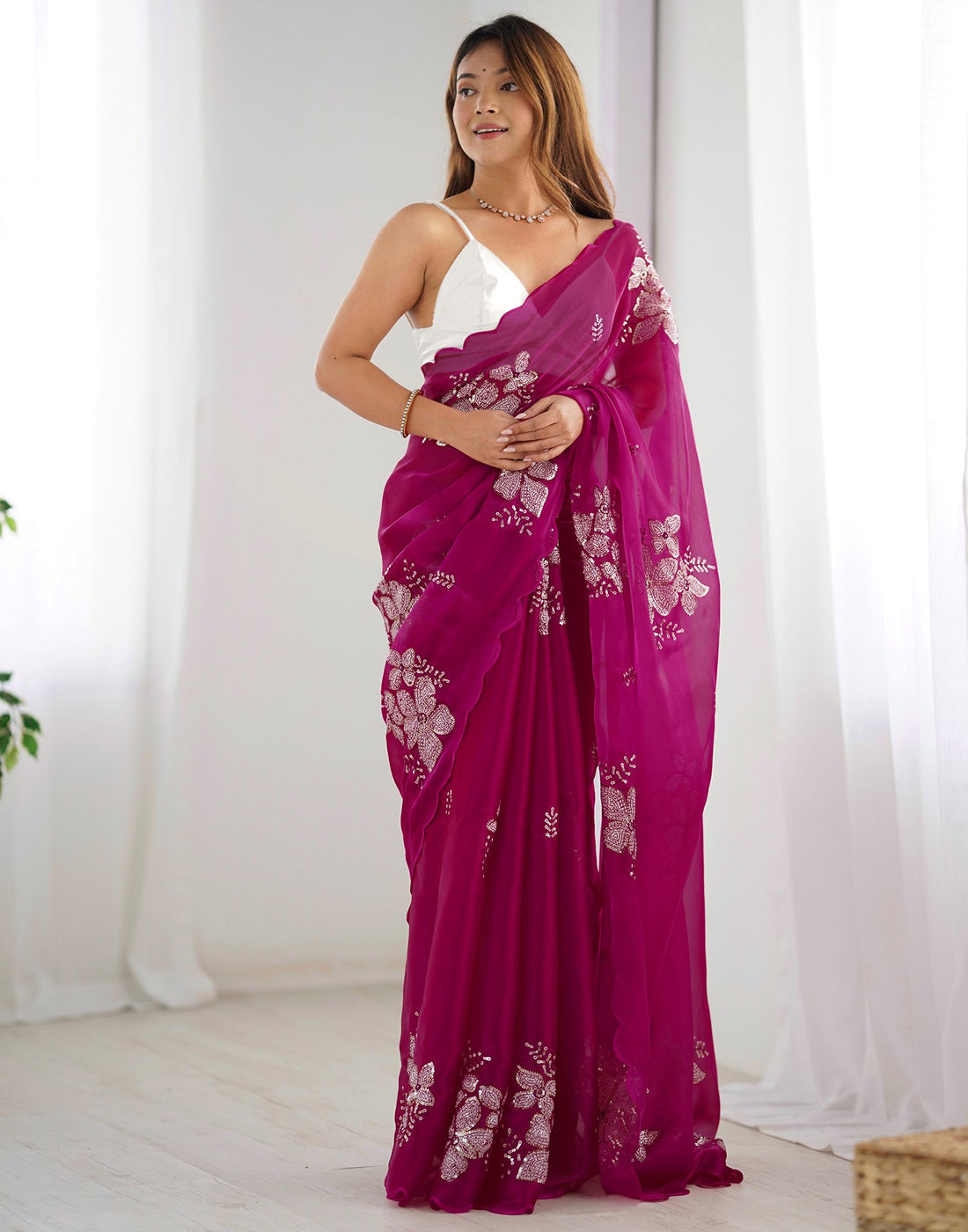 Dark Pink Embroidery Chiffon Saree