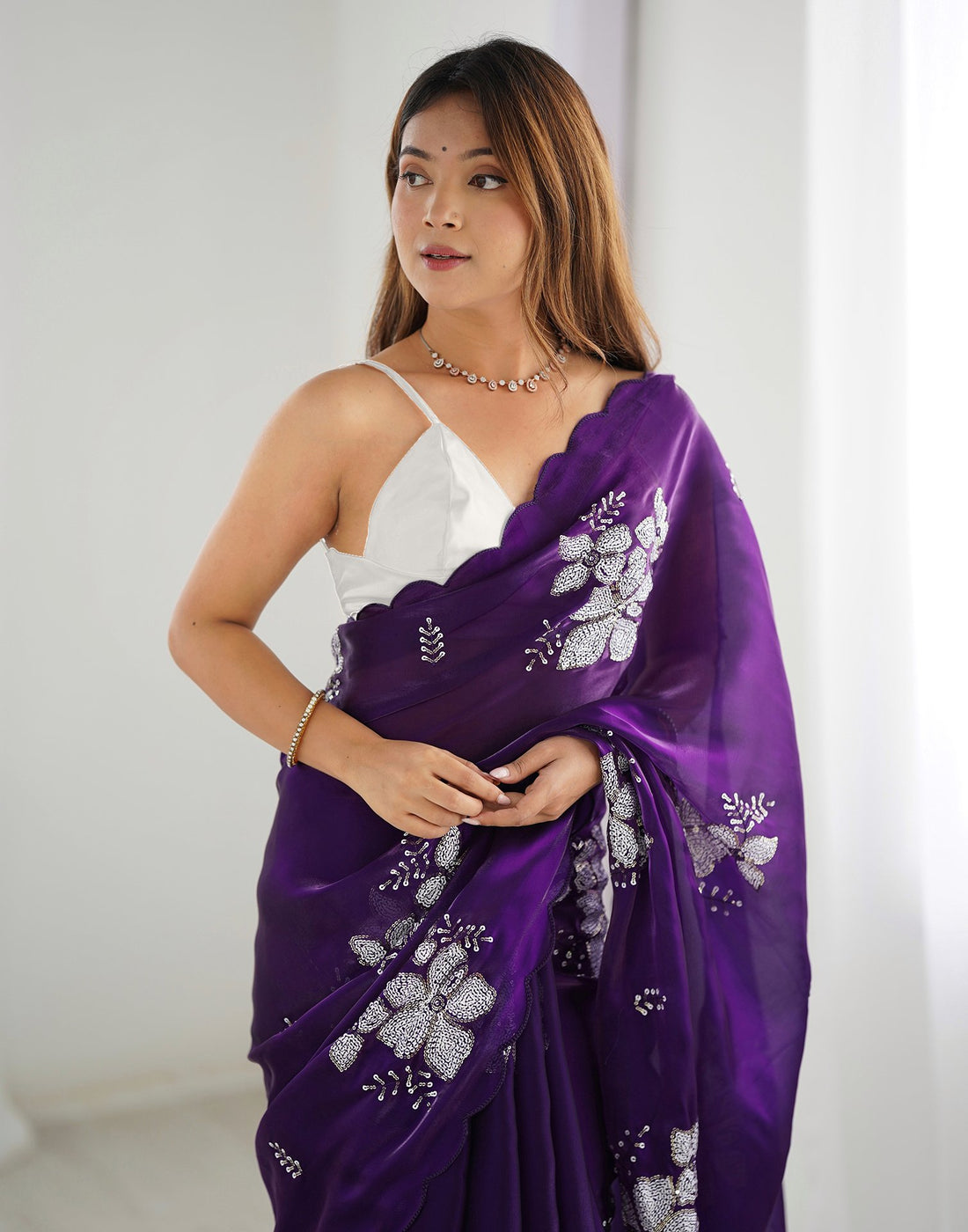 Dark Purple Embroidery Chiffon Saree
