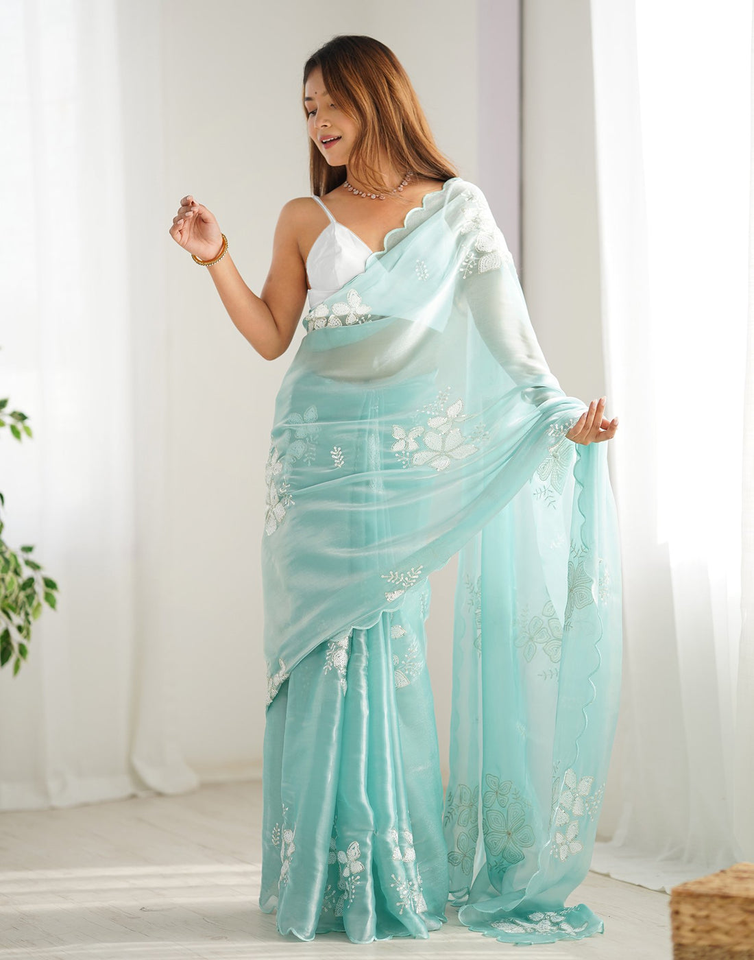 Light Turquoise Embroidery Chiffon Saree