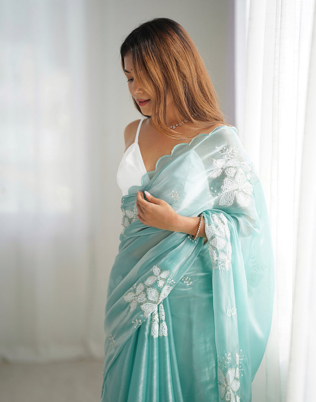 Light Turquoise Embroidery Chiffon Saree
