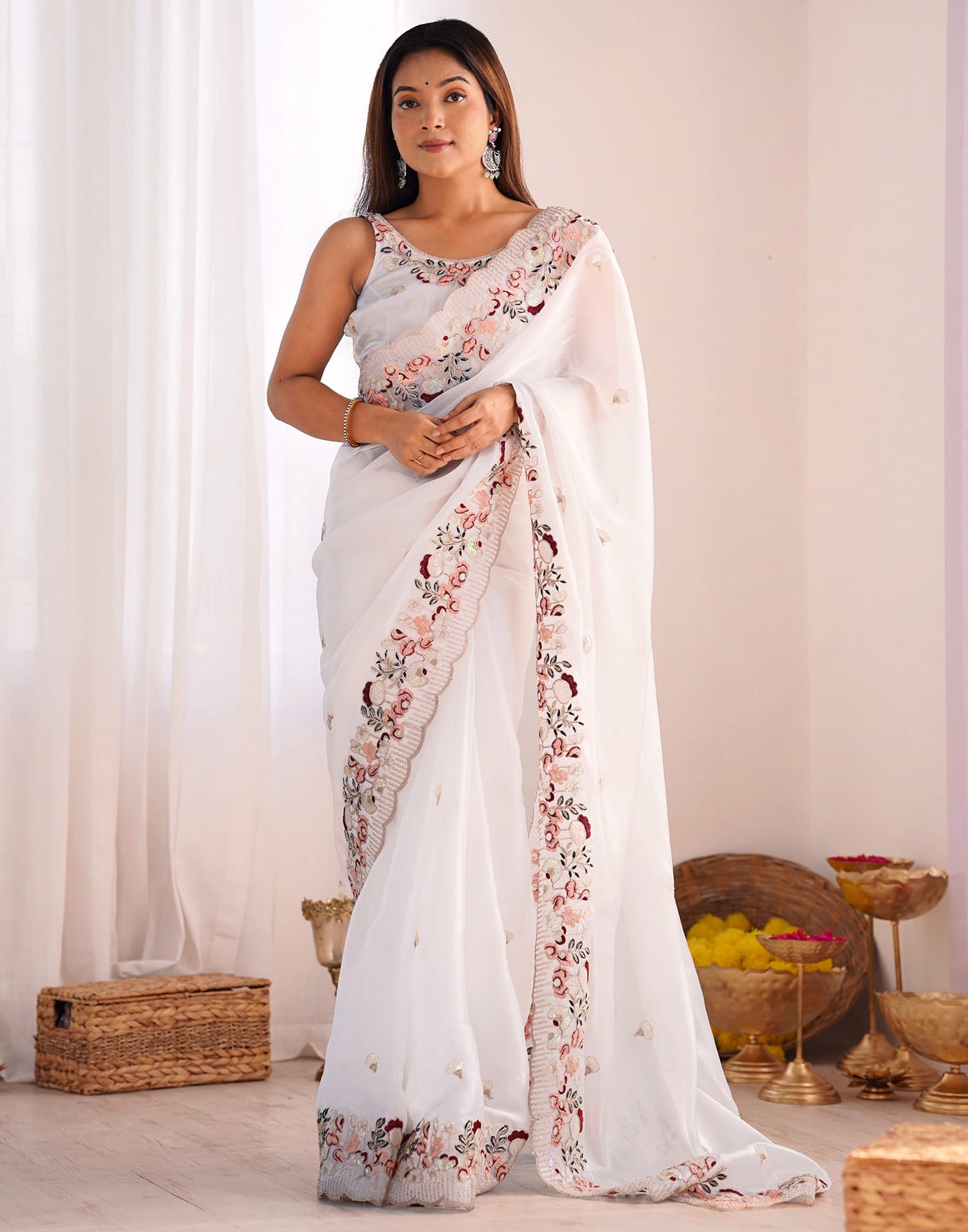 White Chiffon Embroidery Embellished Saree