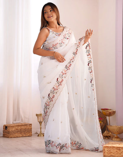 White Chiffon Embroidery Embellished Saree