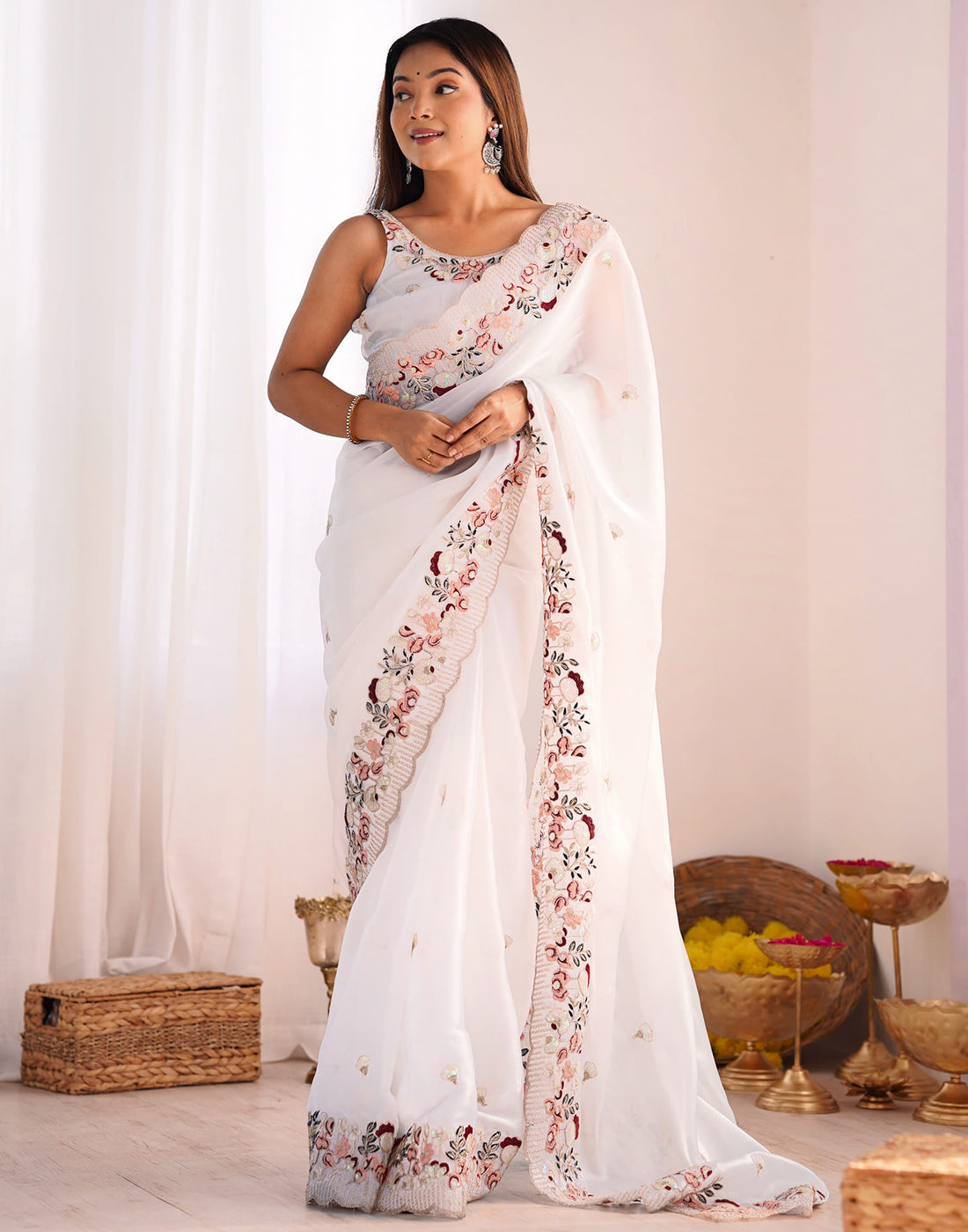 White Chiffon Embroidery Embellished Saree