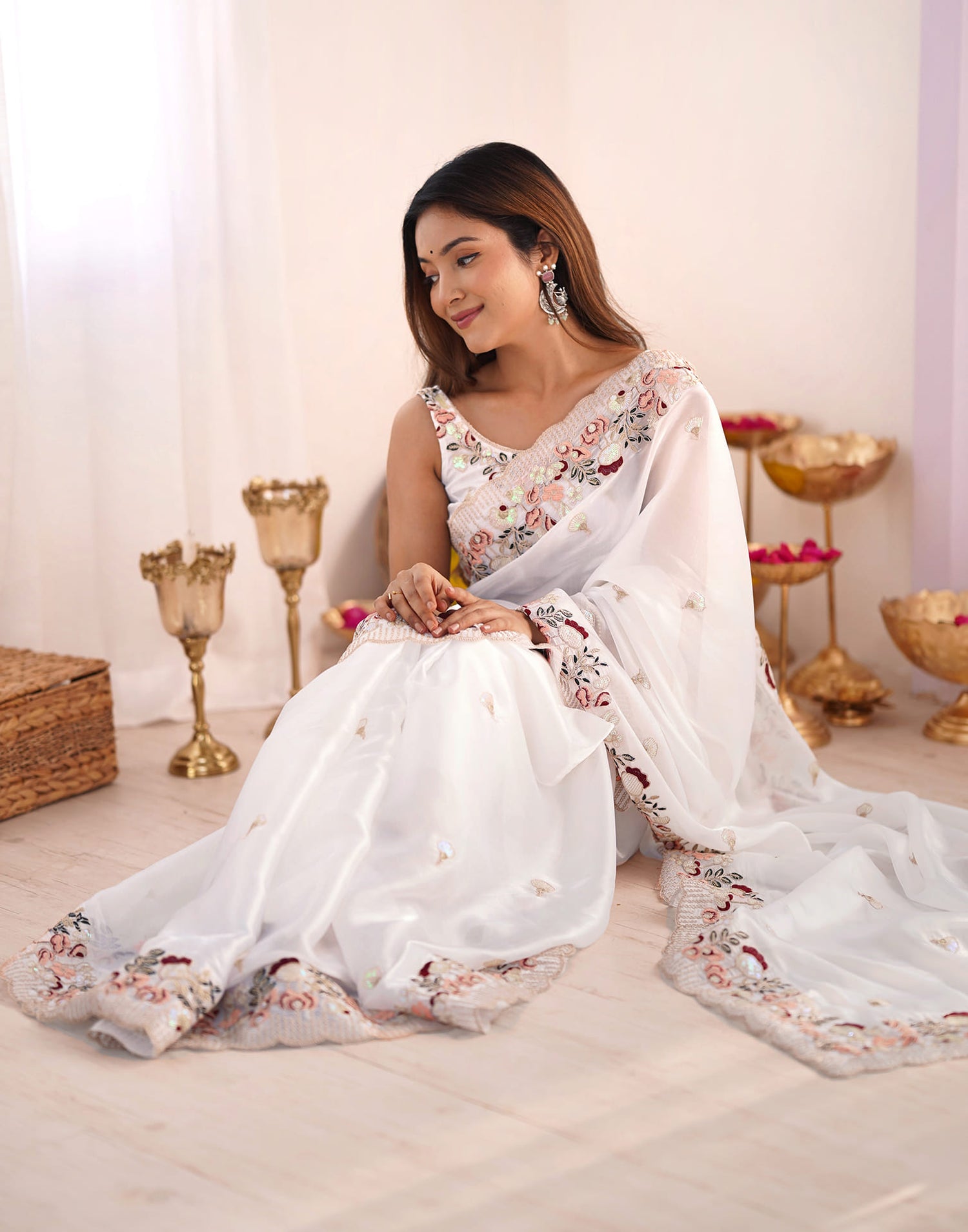 White Chiffon Embroidery Embellished Saree